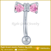 Cirúrgico aço duplo coração rosa Zircon Prong configuração Bowknot sobrancelha Piercing anel